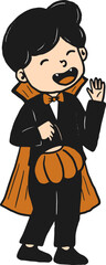 Happy cartoon boy in Halloween costume with pumpkin and cape, smiling and waving