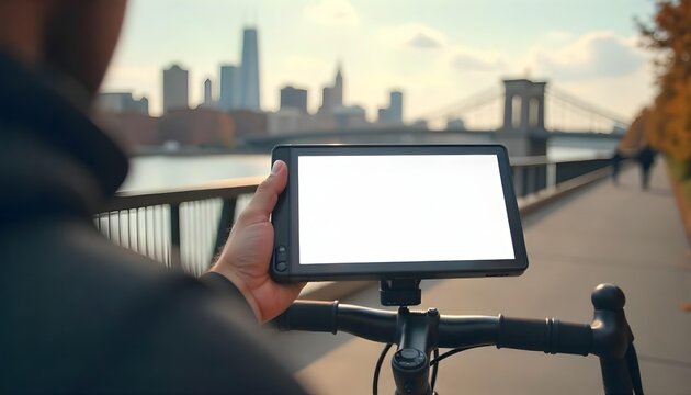 Individual with a tablet displaying a blank screen, set against a city backdrop, in honor of World Bicycle Day