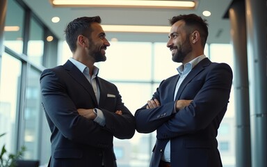Partnership, arms crossed and teamwork with two business people standing together in corporate office building. Success, motivation and vision with employees in innovation or management company