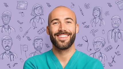 A smiling male medic in a blue uniform against a purple wall with medical sketches. image for healthcare and advertising. A doctor on the background of a wall painted on a medical theme.