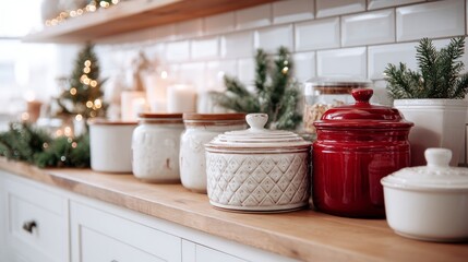 Cozy Christmas kitchen shelf with ceramic jars and holiday decorations. jars and containers with prepped Christmas dishes ready to be heated, organized kitchen counter, festive decorations