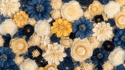 Elegant floral arrangement in blue, yellow and cream, a beautiful decorative element.