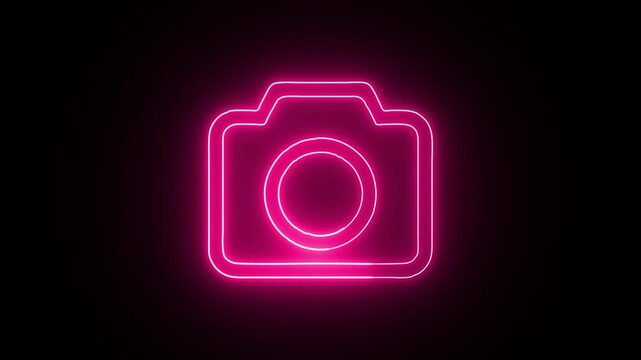 glowing neon symbol of photo camera animation icon animation with black background.
