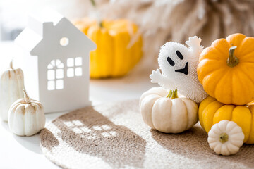 Autumn decor for Halloween. Cute ghost, white houses, and pumpkins. Banner, background for Halloween celebrations.