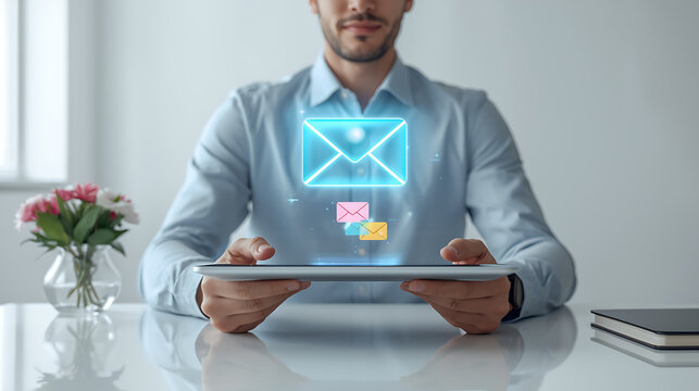 Professional man holds a digital tablet, demonstrating a futuristic concept of holographic email communication and digital networking for business growth
