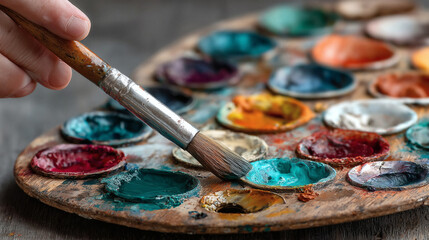 Obraz premium Artist's paintbrush mixing vibrant colors on a wooden palette perfect for illustrating creative projects and artistic inspiration a beautiful close-up