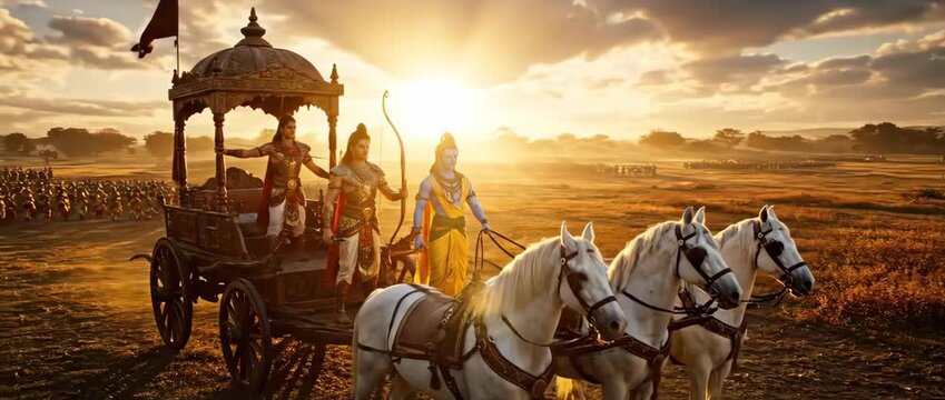 Bhagavad Gita Scene Depicting Krishna as Charioteer Guiding Arjuna on the Battlefield with Epic Sunset
