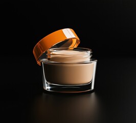 A glass jar with beige cream and an orange lid on a black background. Elegant and concise presentation of a cosmetic product.