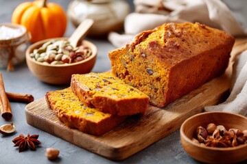 Freshly baked pumpkin bread with spices on rustic wooden table surface. Loaf of pumpkin bread sliced on a wooden board, nuts and spices visible inside, autumnal homemade baking concept
