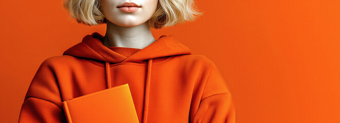 Stylish student in vibrant orange hoodie holding matching notebook against bold background perfect for back to school education or creative lifestyle concepts