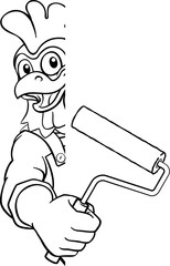 A chicken or rooster painter decorator handyman cartoon construction man mascot character holding a paint roller tool