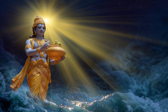 Lord Dhanvantari with pot of amrita symbolizing Ayurveda on Dhanteras.