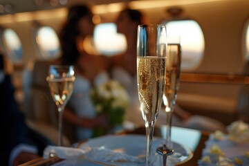 A wedding toast on board a private jet.
Two brides celebrate their wedding with glasses of champagne in an elegant airplane setting during a romantic flight.
