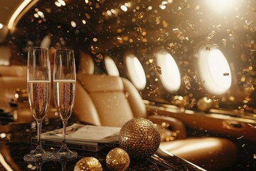 A luxury holiday on a private jet.
Two glasses of champagne, golden balls and confetti on the background of the leather seats of a private jet. The atmosphere of comfort, wealth.