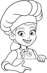 Black and white illustration of a cheerful female chef in a large chef hat and scarf, smiling while pointing at a blank sign below. Perfect for coloring pages, menu templates, ads, and posters.