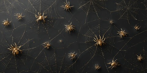 Golden spiders crawling on webs against dark background, spooky Halloween concept. Many Black spiders and web shapes. Halloween celebration theme.