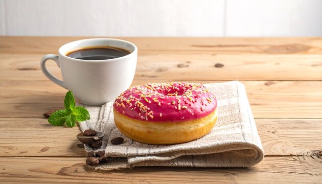 Pink glazed donut and coffee on a wooden table - Powered by Adobe