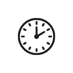 A simple black and white clock icon showing the time with a circular face and short hands on white