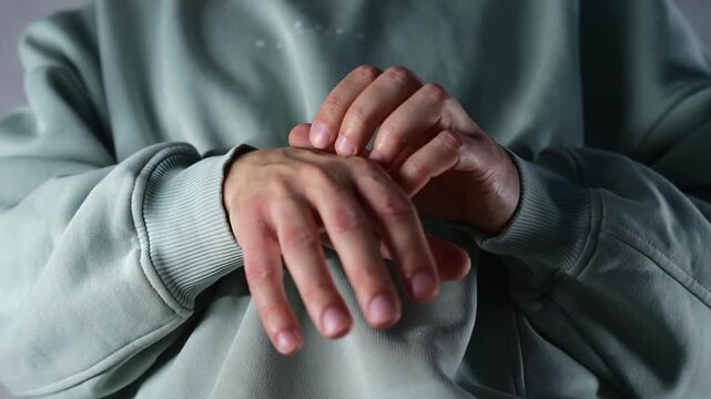 Insect bite and allergic skin reaction.
Skin redness due to an allergy.
Skin infection and itching in humans.
A man scratching his arm.