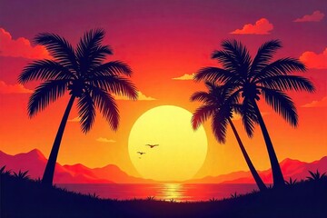 Silhouetted Palm Trees at Sunset Vibrant Golden Hour Tropical Paradise Scene, Perfect for Travel and Vacation Themes