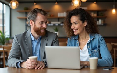 Man and woman having business meeting in a cafe, using laptop. High quality
