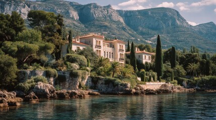 Fototapeta premium Seaside Villa with Scenic Landscape: A stately villa, perfectly positioned along the serene coastline, enjoys panoramic views of the azure waters, towering mountains, and lush greenery.