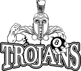 A spartan or trojan angry mean pool billiards mascot cartoon character holding a black 8 ball.