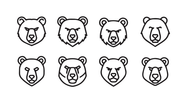 Collection of eight stylized bear head icons with different expressions and outlines vector