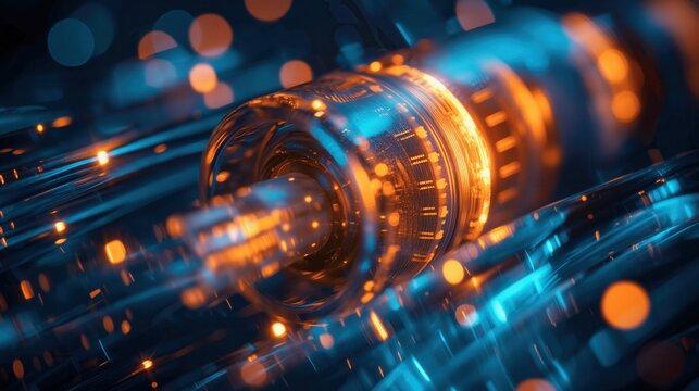 Abstract representation of data transmission with glowing fiber optic cables. Bright blue and orange lights create a dynamic visual effect, symbolizing cloud computing and AI technology.