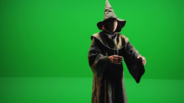 Hooded wizard puppet on green screen