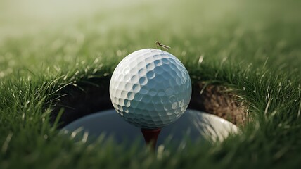 Golf ball close to hole on green grass field in sunlight
