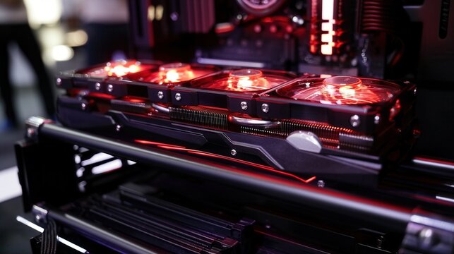 Close-up of a GPU cluster with red LED lights in a data center. The setup showcases advanced cooling technology and cable management for efficient performance.