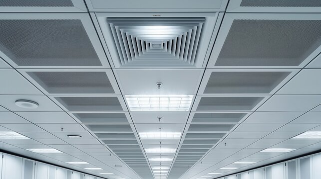 A modern data center ceiling with air vents and lighting. The design supports efficient cooling for servers and equipment in a high-tech environment.