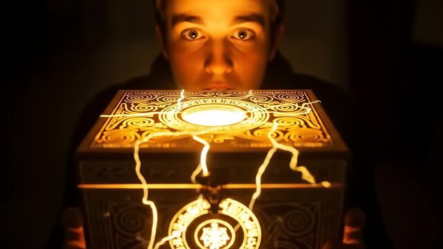 Mysterious Glowing Box Held by Person in Dark Room.