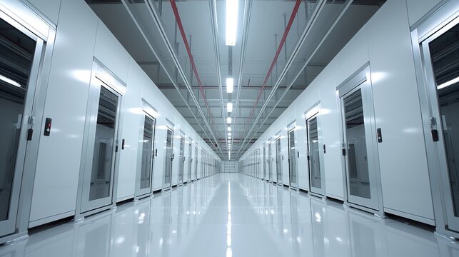 A modern data center with rows of server racks. The environment is clean and organized, featuring cold aisle containment and efficient cable management.