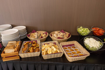 Delicious breakfast buffet with fruits and pastries