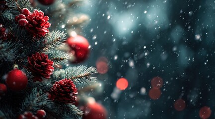 A christmas tree decorated with red and gold ornaments, pine cones, snowflakes, and bokeh lights, with a close-up view and a blurred background, creating a festive atmosphere. Christmas background.