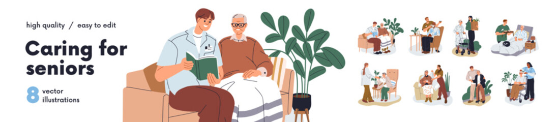 Obraz na płótnie Canvas Volunteers caring of old senior people set. Assistance, aid for elderly. Caregivers, social workers helping, supporting elder aged characters. Flat vector illustrations isolated on white background