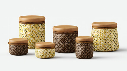 Set of Woven Rattan Storage Canisters with Wood Lids