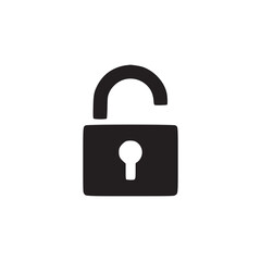 A simple black and white illustration of an unlocked padlock on a plain white background space here