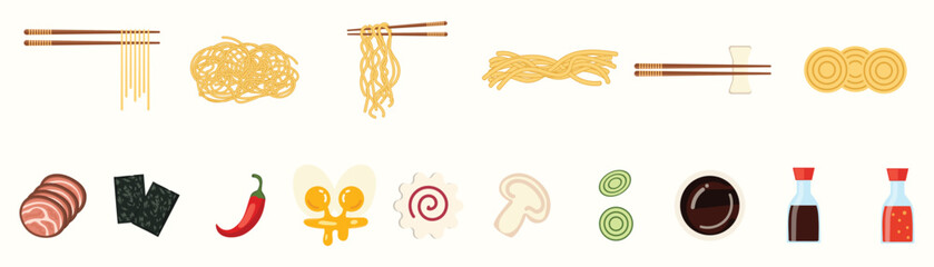 Ramen ingredients vector set. Japanese and Asian cuisine illustration with noodles, soy sauce, narutomaki, meat, onions, mushrooms, and nori. Elements for menus, restaurant branding and food packaging