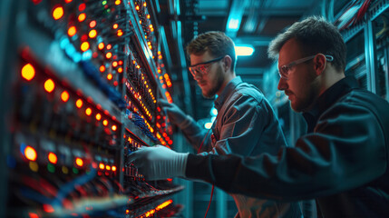 Two technicians work in a data center. They are adjusting servers and monitoring systems. The room is filled with illuminated equipment and cables.