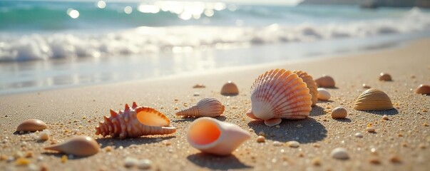 Tranquil Coastal Scene Sunlit Seashells Scattered on Sandy Beach After Tide Retreats