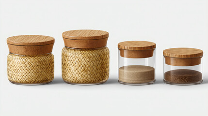 Woven Wicker Glass Storage Jars Wood Lid Set