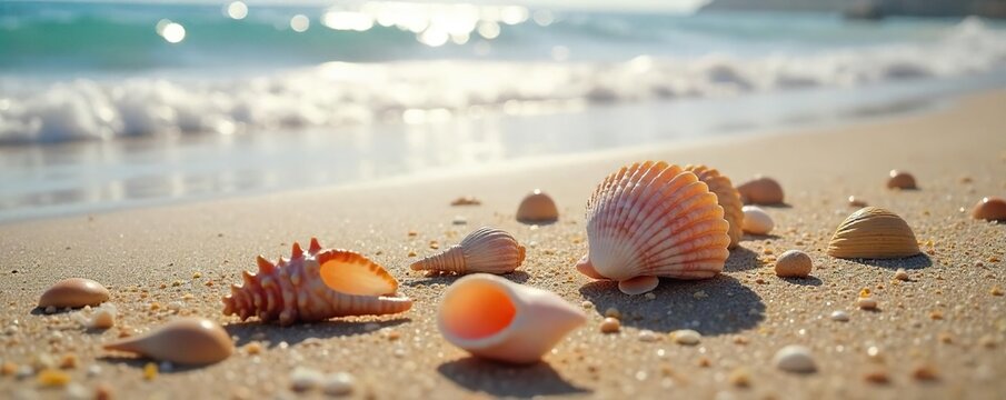 Tranquil Coastal Scene Sunlit Seashells Scattered on Sandy Beach After Tide Retreats