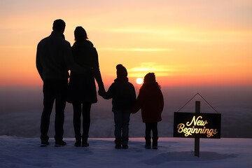 Family embraces new beginnings watching a vibrant sunset together in winter wonderland, inspiring hope, love, and connection for a bright future ahead