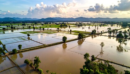 Obraz premium Panoramic view of flooded rice paddies