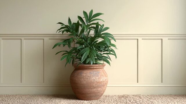 Indoor potted plant in terracotta pot, minimalist decor with green foliage, calming home ambiance for relaxation and tranquility
