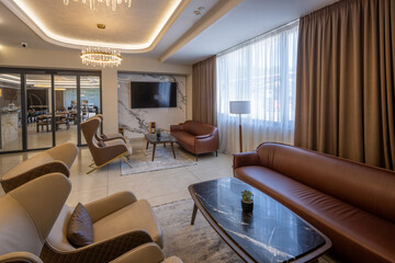 Modern hotel lobby interior with stylish seating