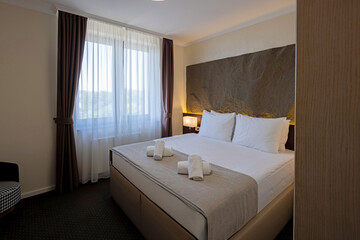 Modern double bed hotel room Interior